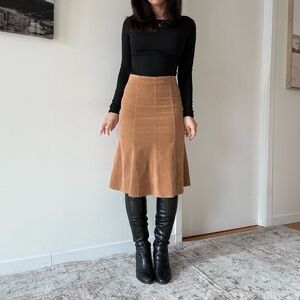 Y2K Camel Velvet Knee Length Skirt Preppy Minimalist 2000s